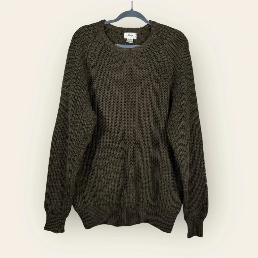 Vintage GAP Men's Hunter Green Sweater - Chunky Knit Crew Neck 90s Sweater Large